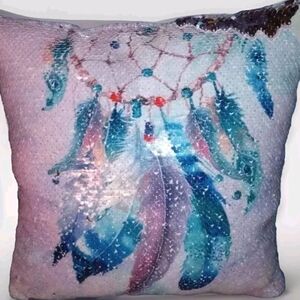 REVERSIBLE SEQUIN DREAMCATCHER FEATHER THROW PILLOW COLORFUL HOME DECOR
